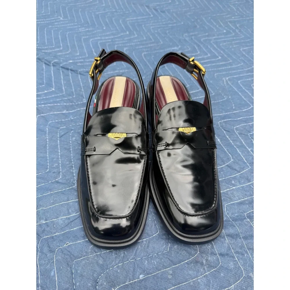 Franco Sarto Giada Black Patent Slingback Loafers Square Toe Menswear Style 8.5M